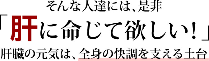 そんな人達には、是非「肝に命じて欲しい！」肝臓の元気は、全身の快調を支える土台